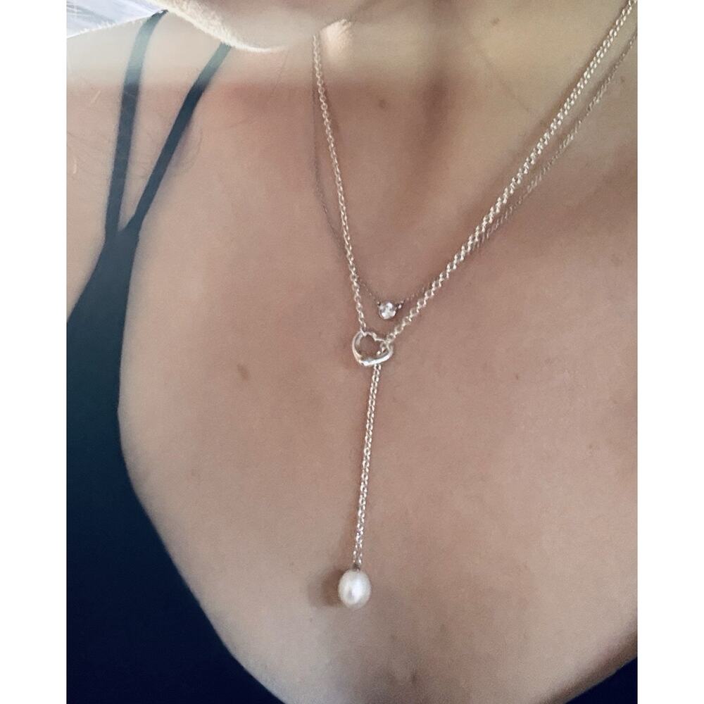 Tiffany & Co. Elsa Peretti Silver Toggle Open Heart Pearl Chain Lariat Necklace